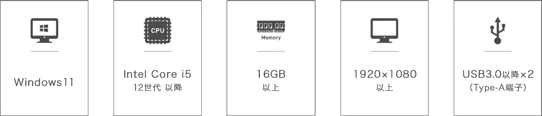 Windows11 Inrel core i5 12世代以降 16GB以上 1920x1080以上 USB3.0以降x2(Type-A端子)