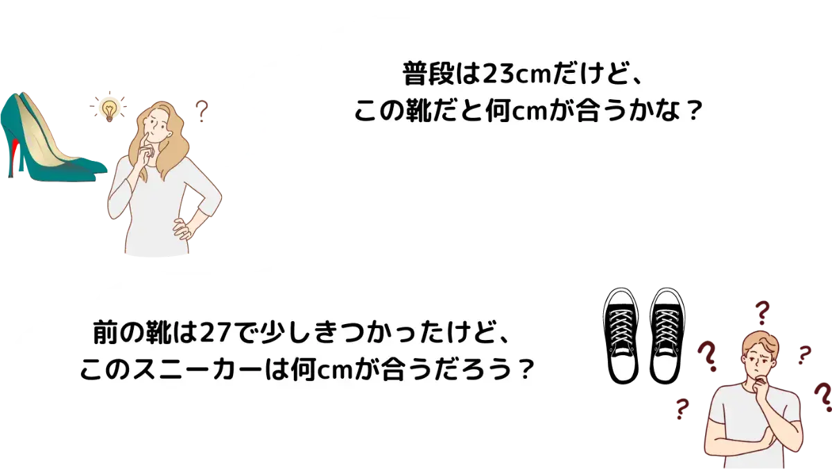 普段は23cmだけど、この靴だと何cmがあうかな？/前の靴は27で少しきつかったけど、このスニーカーは何cmが合うだろう？